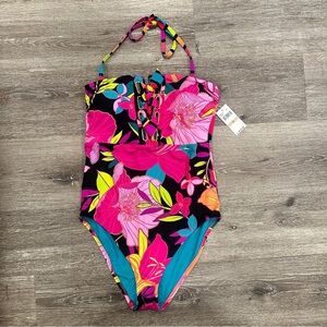 Trina Turk One Piece Lace Up Strapless Bandeau Floral Swimsuit- New One-piece